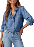 Women Button Down Denim Shirt - Soft Chambray Long Sleeve Top