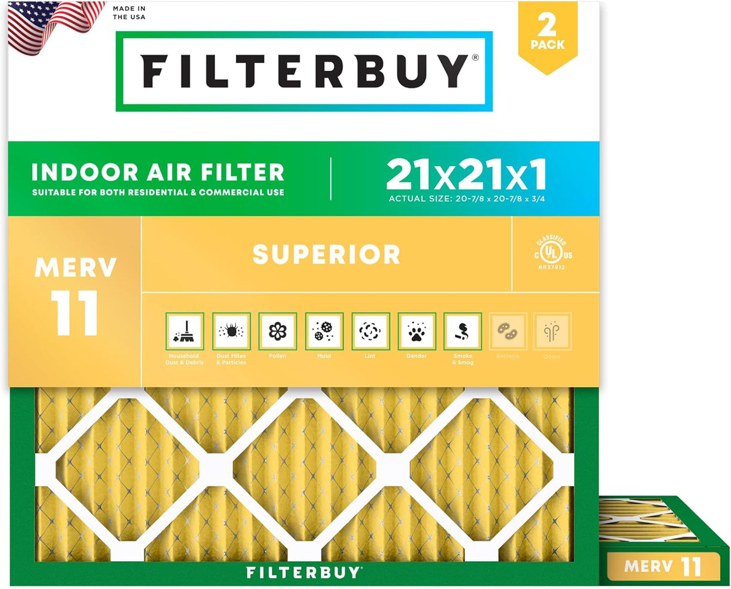 Filterbuy 21x21x1 MERV 11 Allergen Defense Air Filter 2-Pack