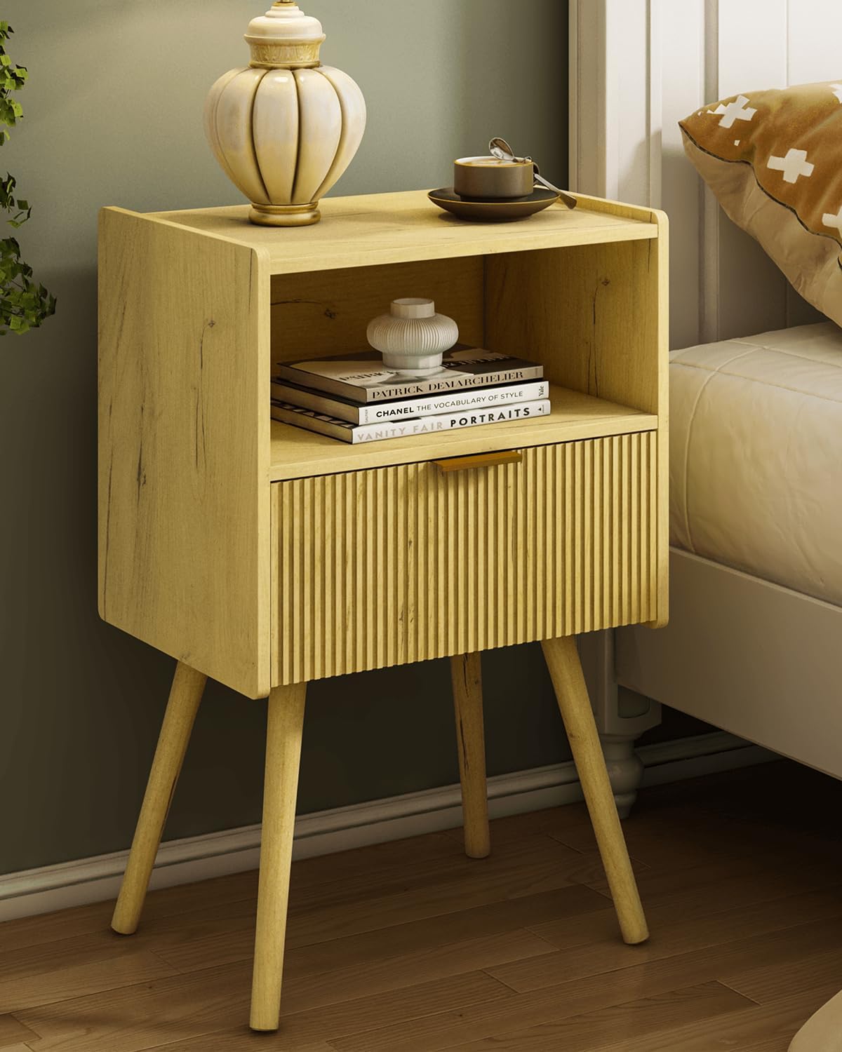 Modern Nightstand with Storage Drawer and Open Wood Shelf