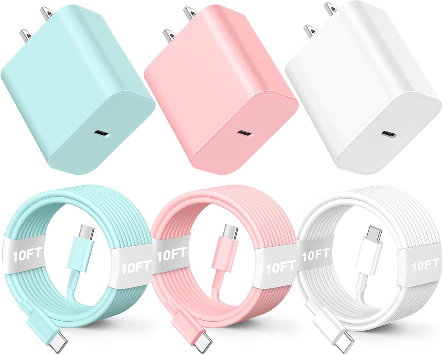 Fast Charge Trio: 20W USB C Charger 3pk - iPhone 16/15/Samsung - Pink/White/Green