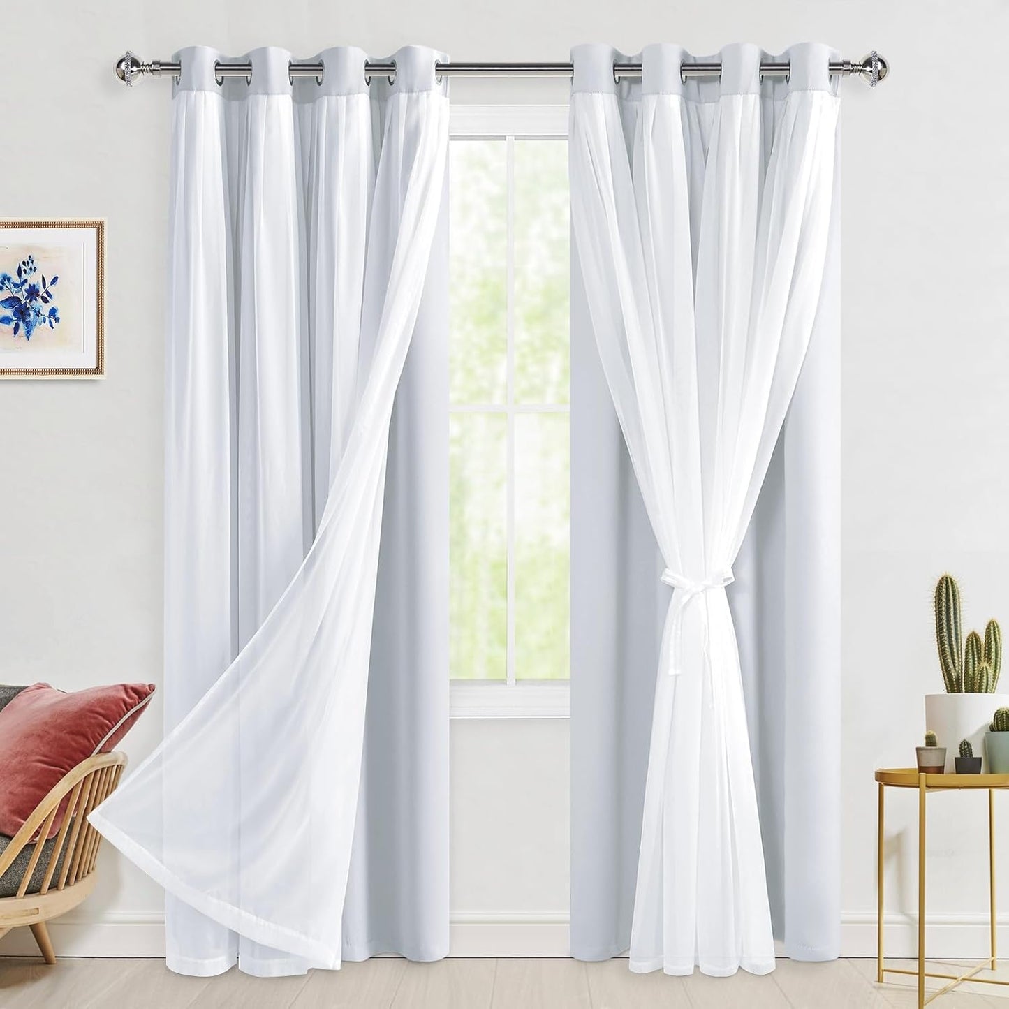 Hiasan Greyish White Blackout Curtains with Sheer Overlay