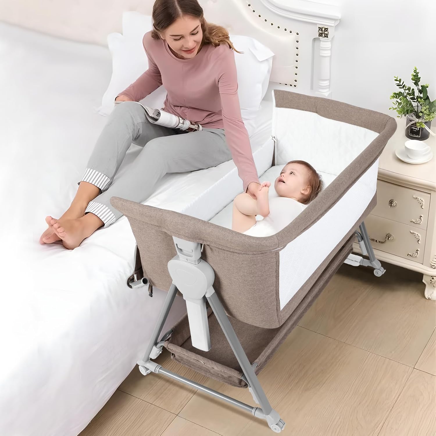 Cowiewie Bassinet Bedside Sleeper with Adjustable Height & Storage