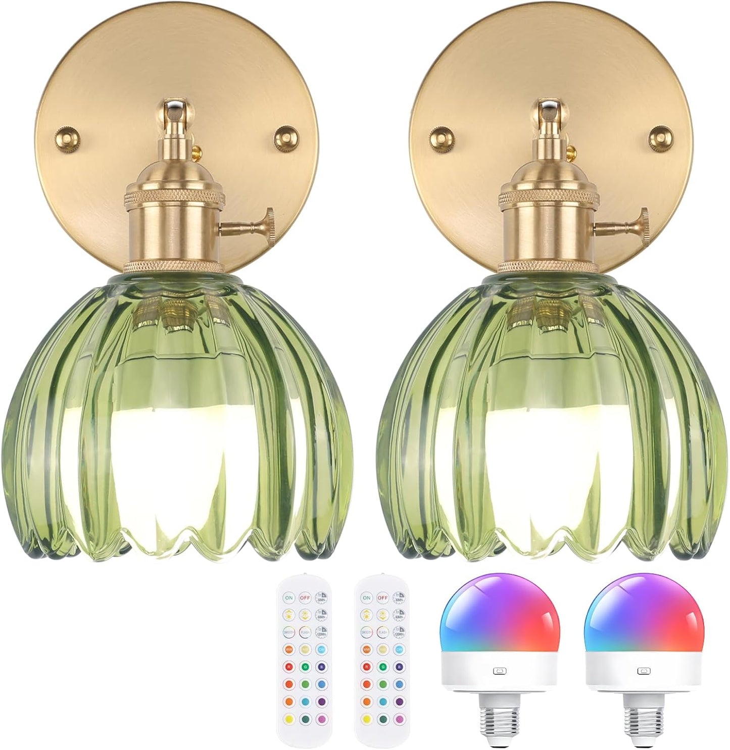 Vintage Battery Operated Wall Sconce with Green Tulip Shade