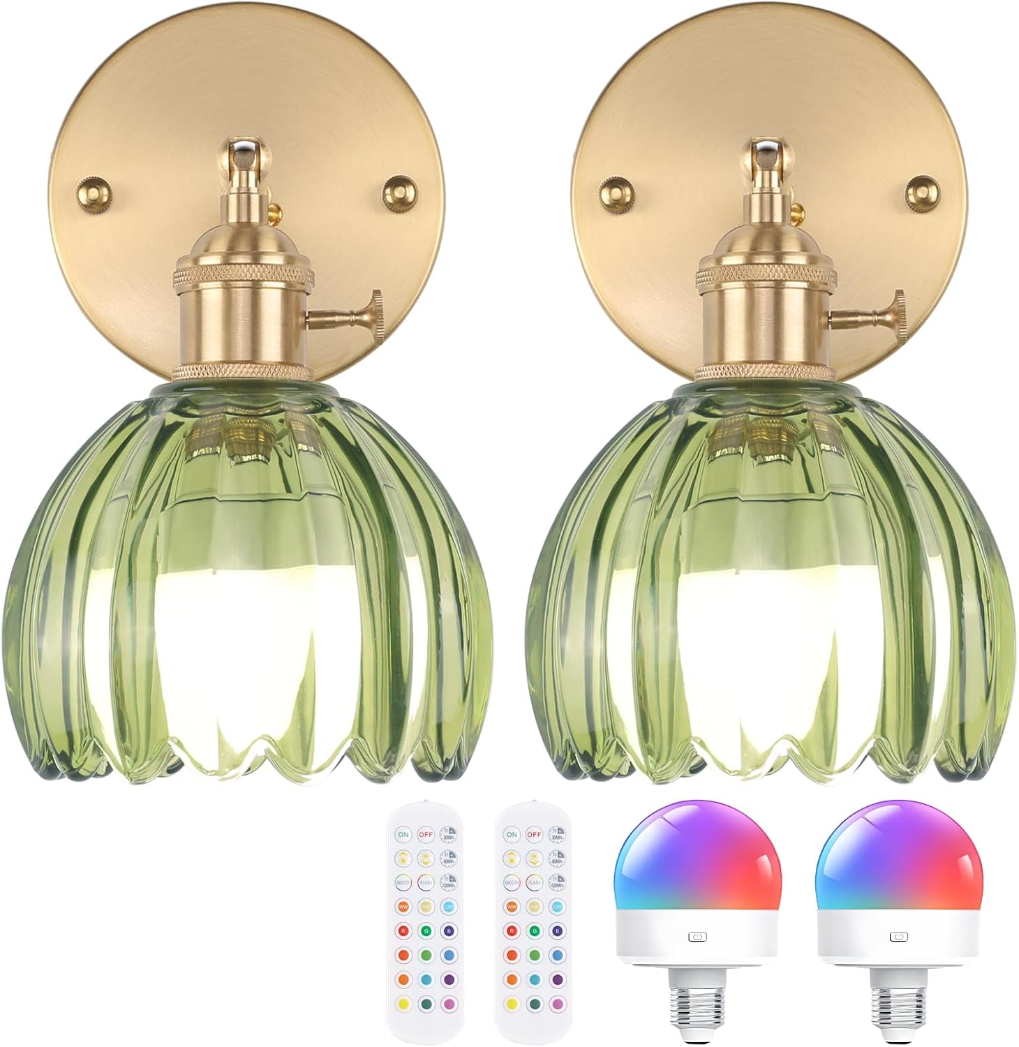 Vintage Battery Operated Wall Sconce with Green Tulip Shade