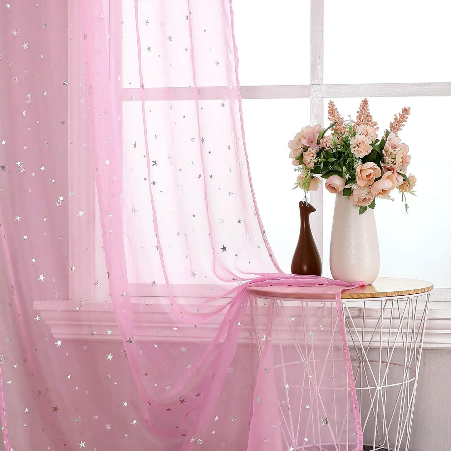 Pink Star & Moon 63 Sheer Kids Curtains 2-Pack
