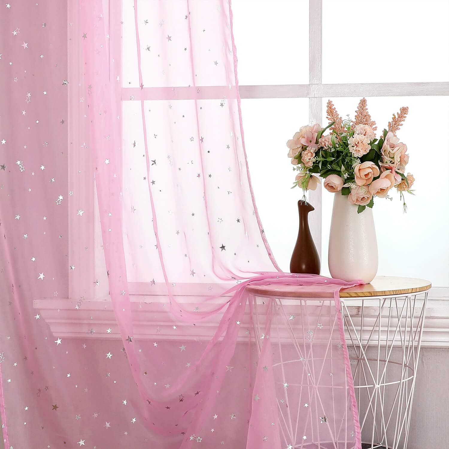Pink Star & Moon 63 Sheer Kids Curtains 2-Pack