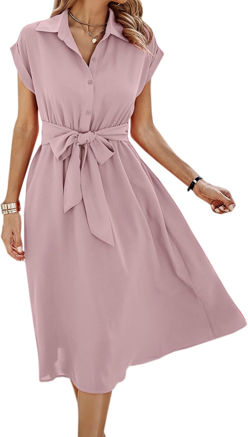 ECOWISH Womens Casual Midi Dresses with Pockets for Summer