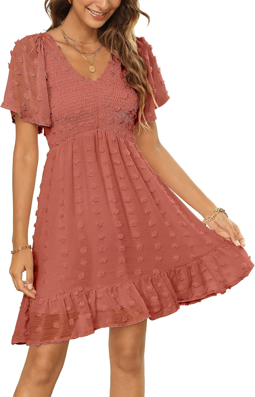 Zattcas Womens Summer Smocked Dress with Flutter Sleeves