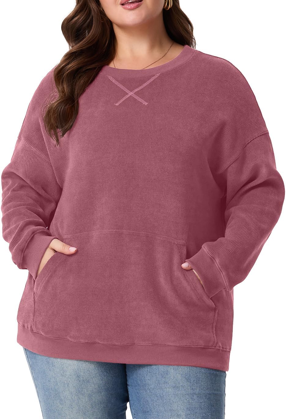 Plus Size Oversized Corduroy Sweatshirt with Kangaroo Pocket
