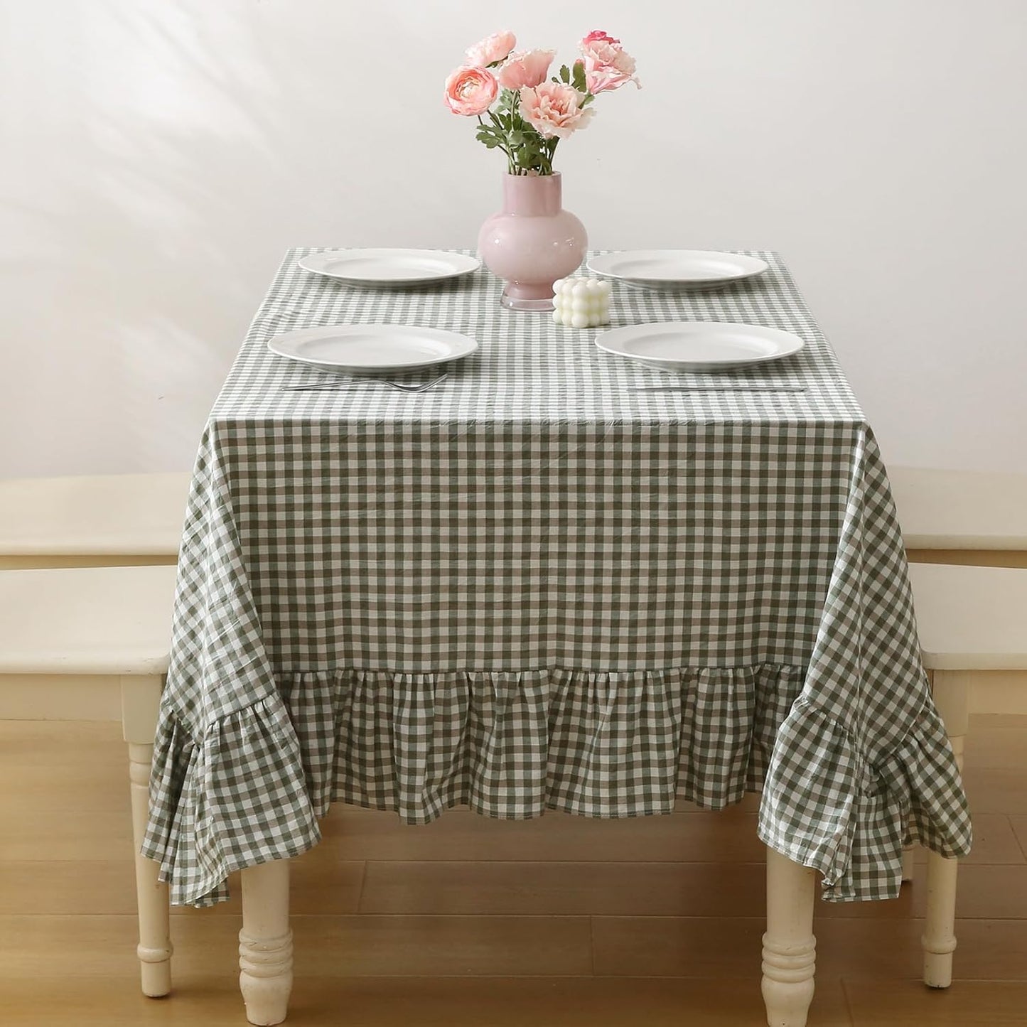 Sage Green Plaid Ruffled Long Table Cloth for 8-10 Seater