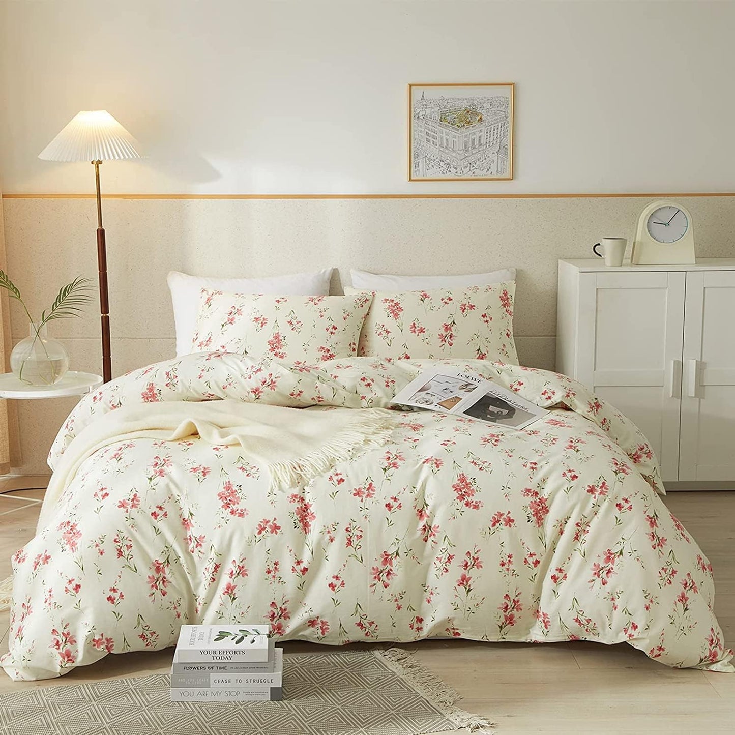 Chic Pink Floral Duvet Cover Set for Queen Size Bedding
