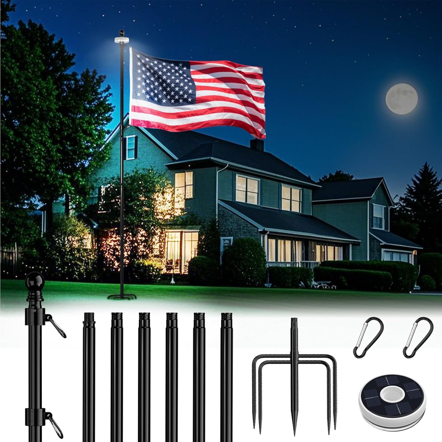 9 FT Stainless Steel Tangle Free Flag Pole with Solar Light