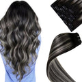 Clip in Hair Extensions Ombre Off Black to Grey Silver Balayage