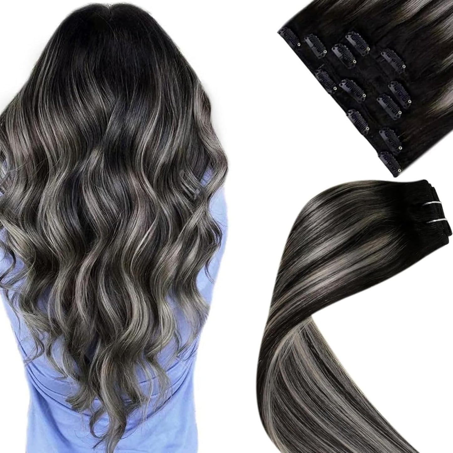 LaaVoo Clip in Hair Extensions Ombre Off Black to Grey Silver