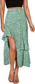 Women Boho Floral High Waist Maxi Skirt - Elastic Waist Split Ruffle