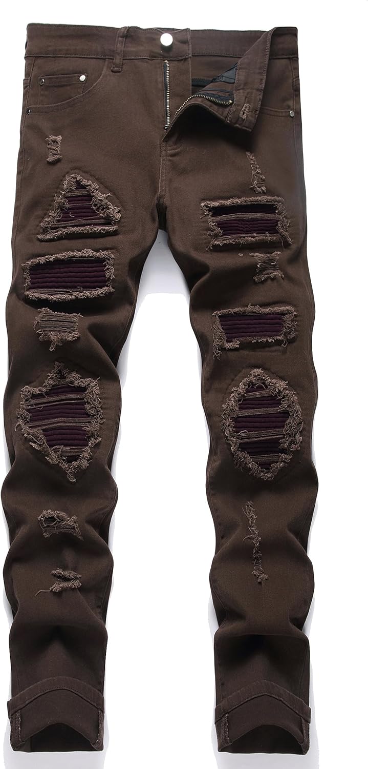Men's Ripped Patch Elastic Jeans for Fashionable Slim Fit Style