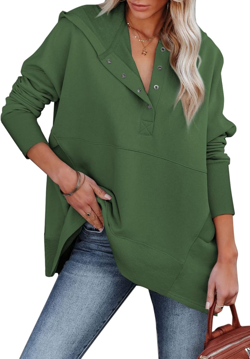 AlvaQ Women Casual Button V Neck Hoodies for Stylish Comfort