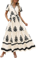 PRETTYGARDEN Womens V Neck Boho Maxi Dress - Flowy Summer Tiered