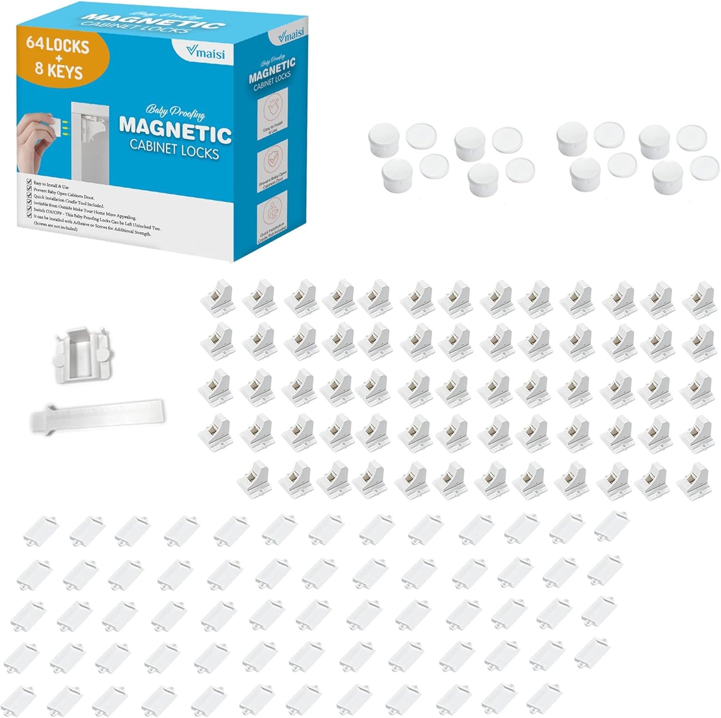 Vmaisi Adhesive Magnetic Locks for Cabinets & Drawers - 64 Locks