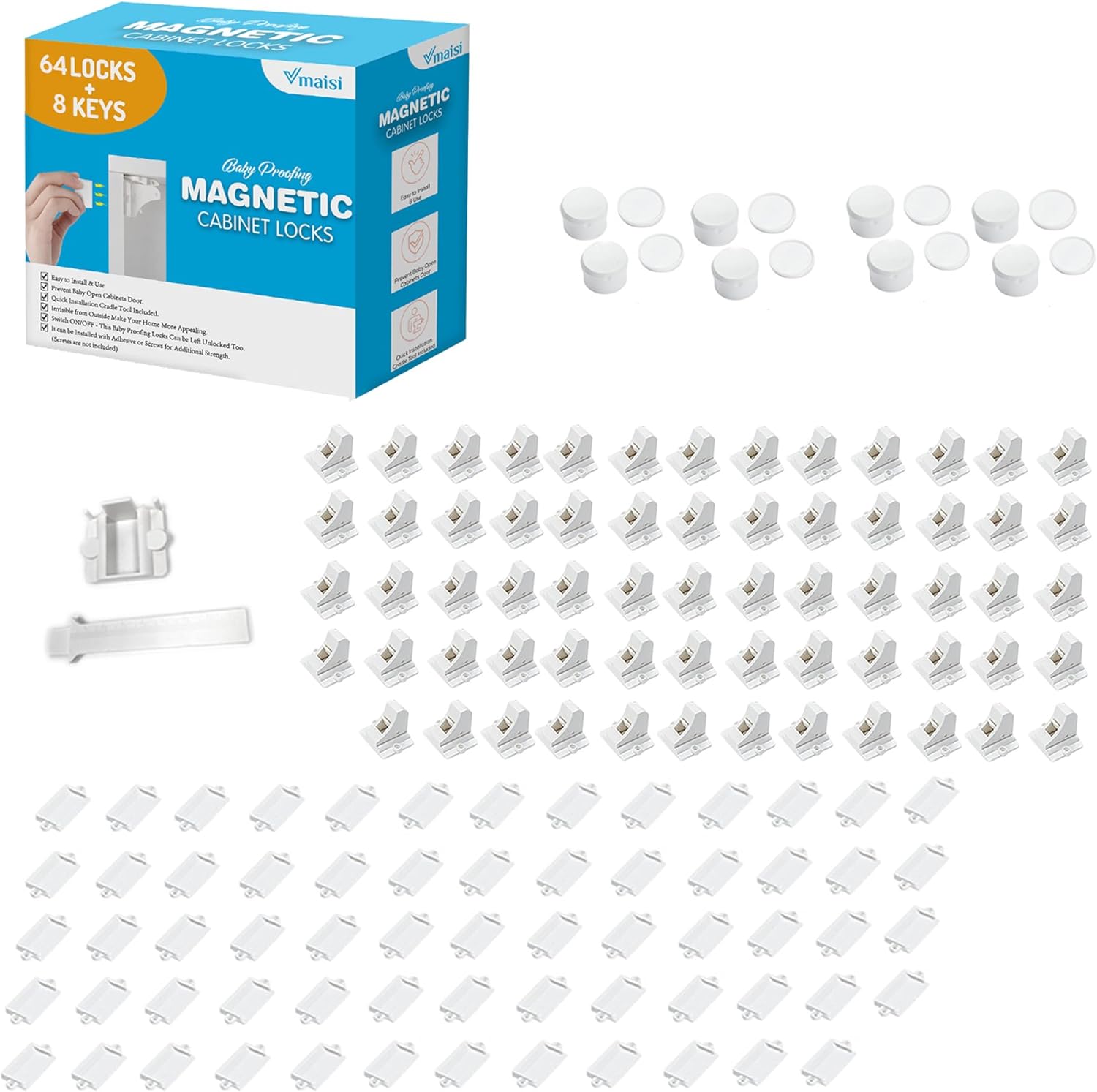 Vmaisi Adhesive Magnetic Locks for Cabinets & Drawers - 64 Locks