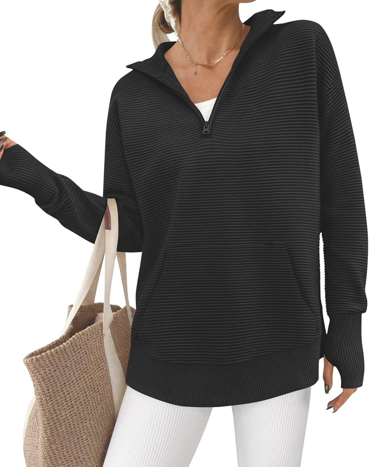 BTFBM Pocket Quarter Zip Pullover V Neck Sweater for Women