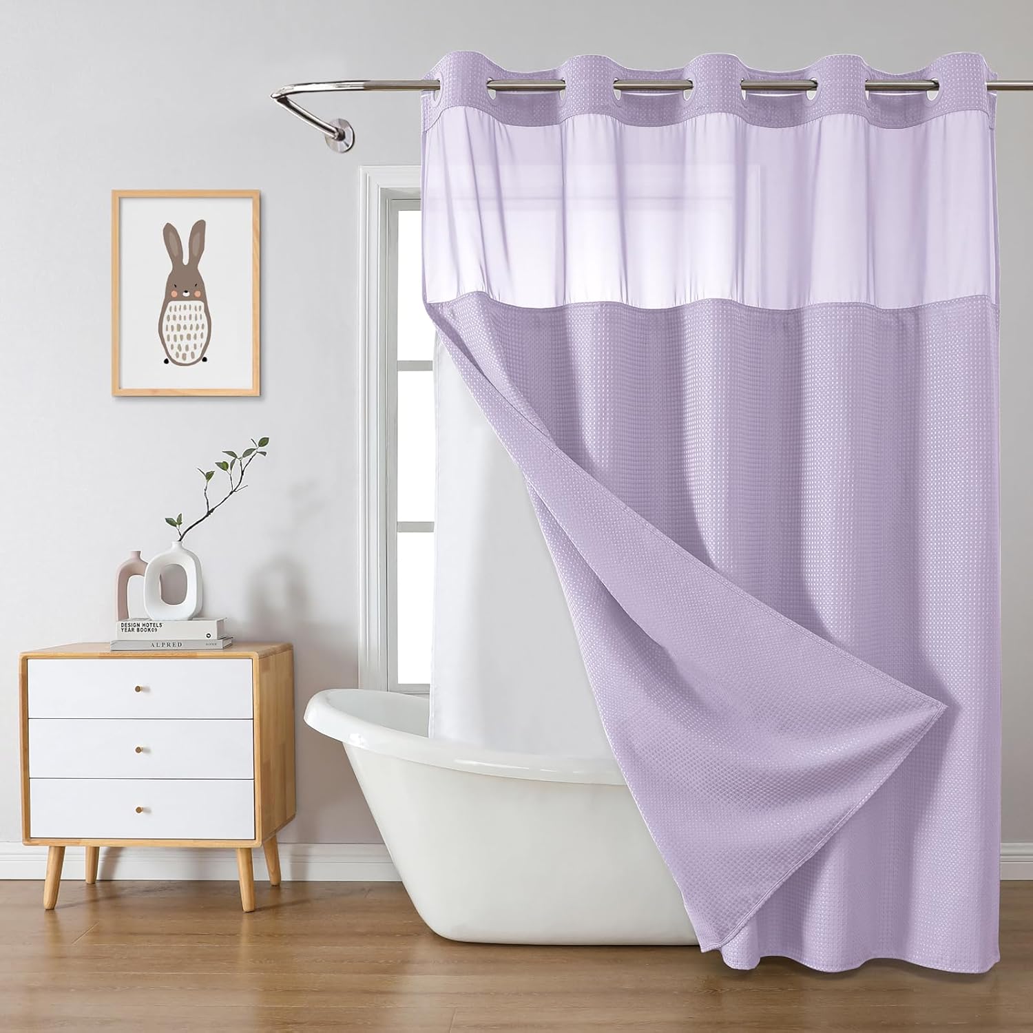 Lavender Long No Hook Waffle Weave Shower Curtain for Bathroom