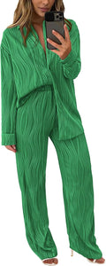 Women's 2 Piece Wide Leg Pant Set - Textured Button Down