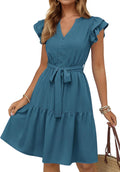 Women Flutter Sleeve V-Neck Summer Dress - Ruffle Tiered Knee-Length
