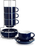 8 Ounce Porcelain Stackable Cappuccino Cups with Saucers and Stand