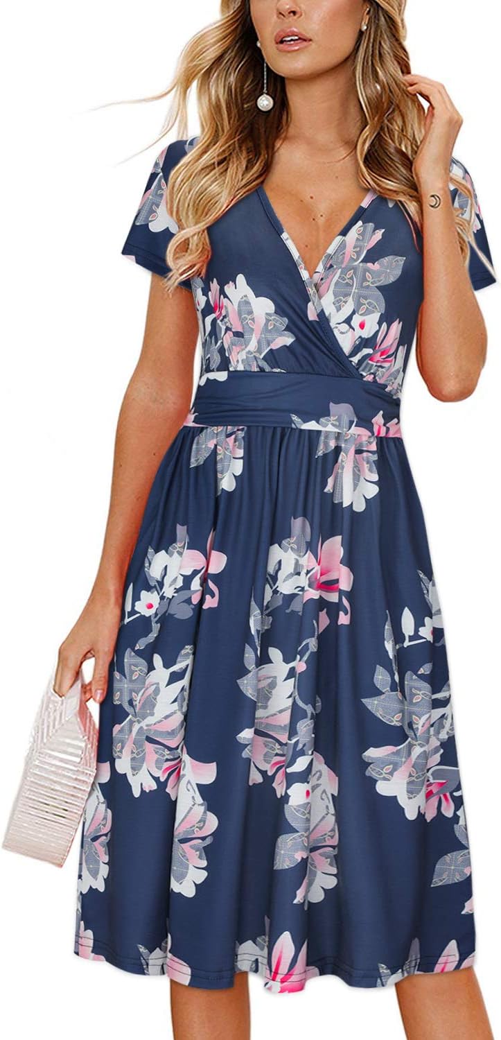 OUGES Women's Summer Short Sleeve V-Neck Floral Dress with Pockets