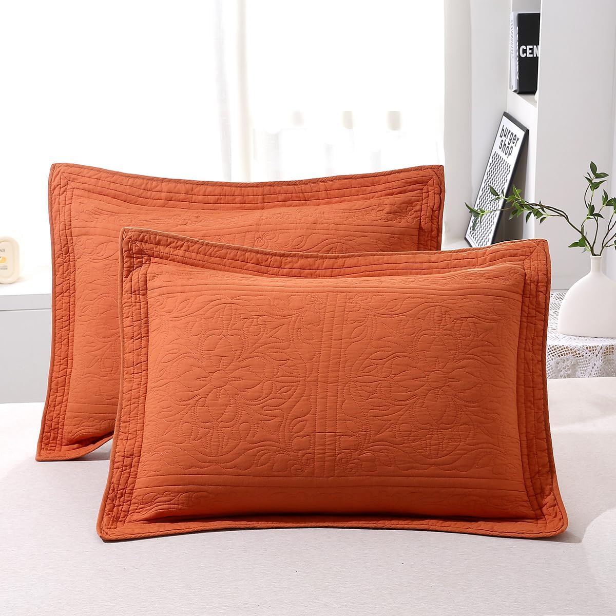 WINLIFE 100% Cotton Quilted Pillow Sham in Burnt Orange