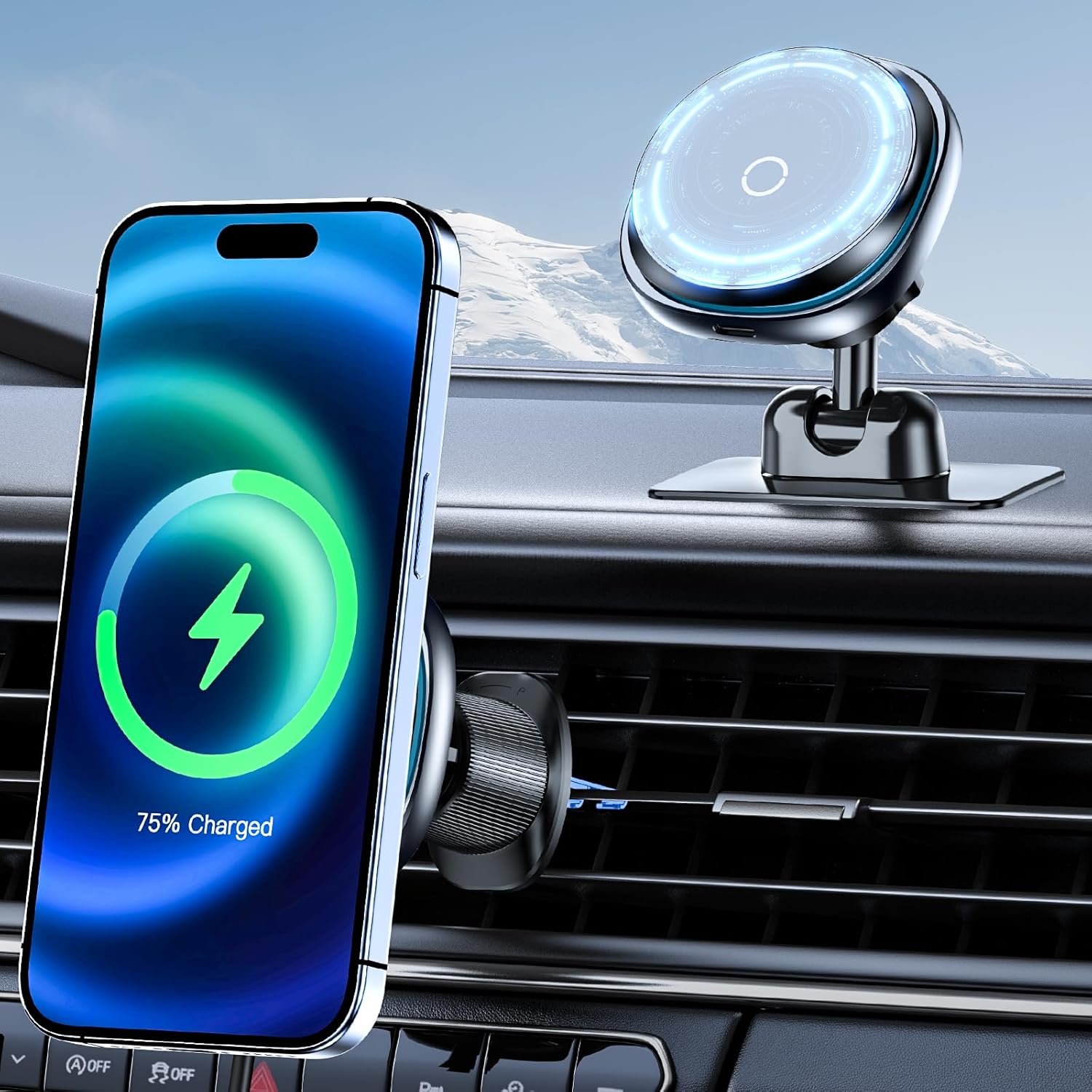 15W Fast Magnetic Car Phone Mount with 360 Rotation & Secure Clip