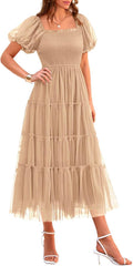 Women's Smocked Midi Tulle Dress - Tiered Puffy Sleeve Summer Midi