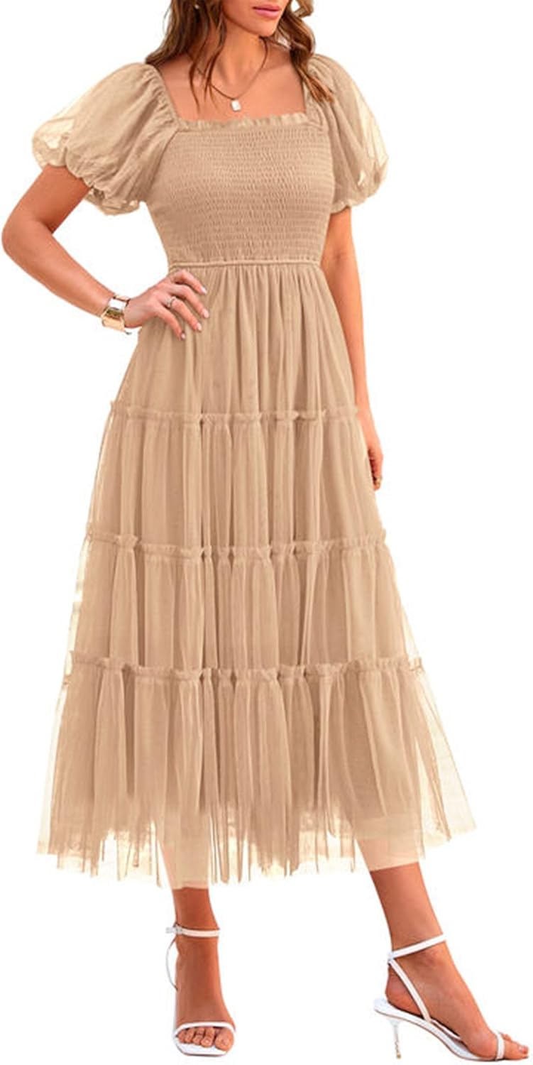 PRETTYGARDEN Women's Smocked Midi Tulle Dress for Summer Events