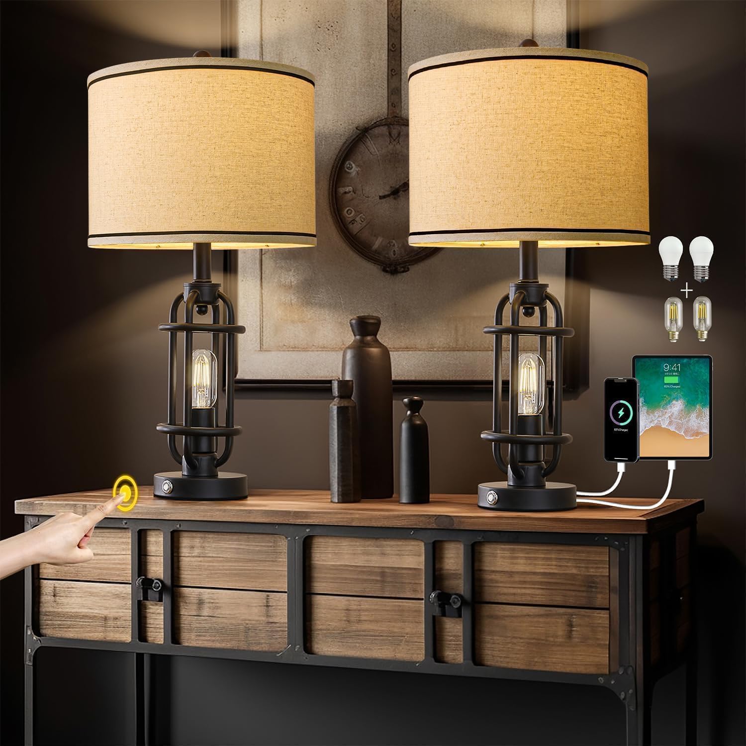 23.75in Industrial Black Metal Table Lamps for Living Room