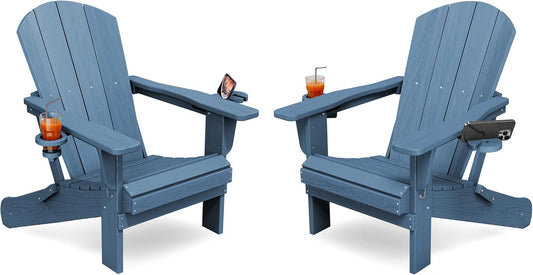 KINGYES Folding Adirondack Chair Set of 2 with Dual Cup Holders