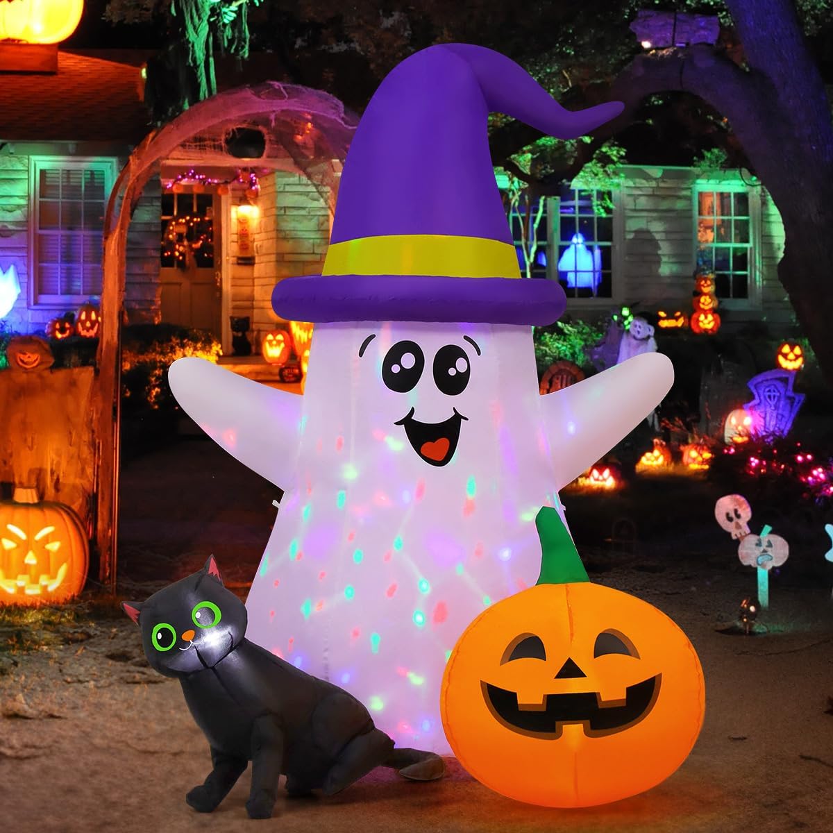 GOOSH 5 FT Halloween Inflatables Ghost with Cat & Pumpkin Decor