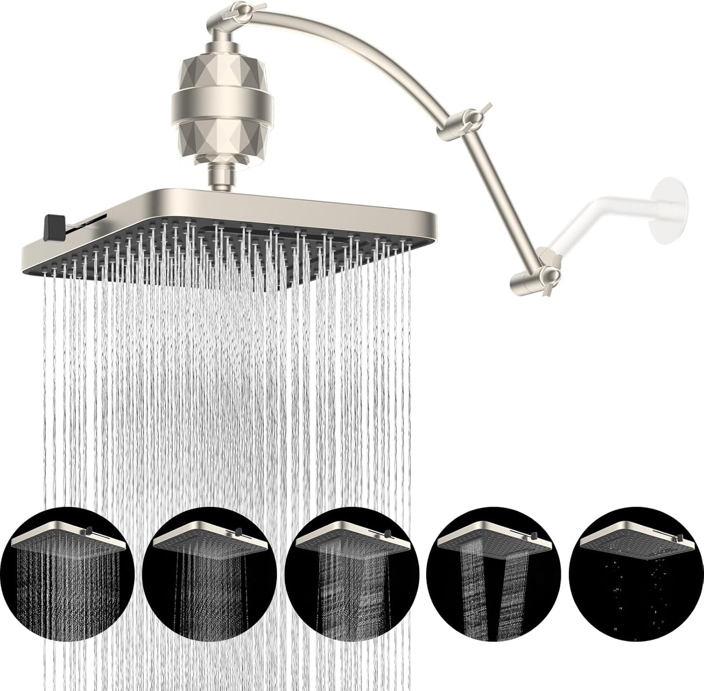 Hibbent Rain Filtered Shower Head with 5 Modes and Extension Arm
