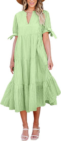 Theenkoln Womens Casual Midi Dress - Gingham V-Neck Tiered Midi