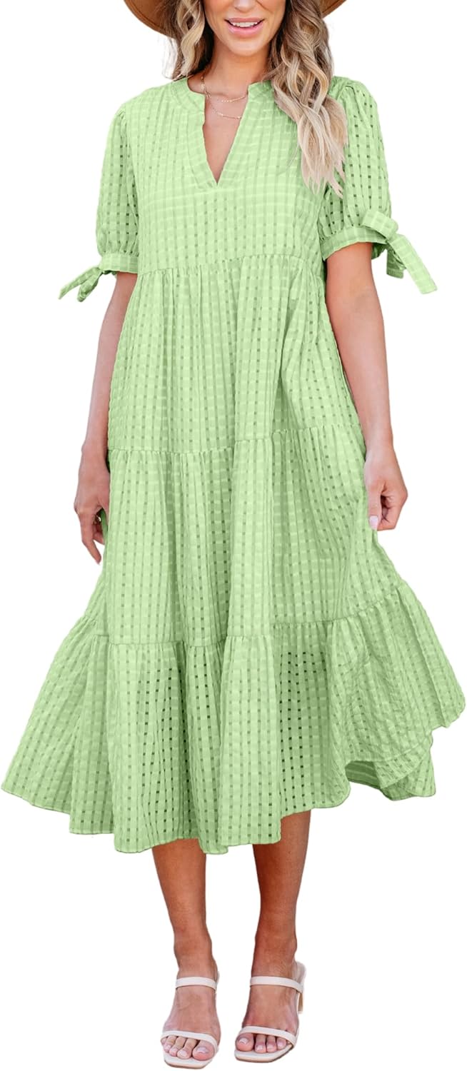 Theenkoln Womens Casual Midi Dress: Trendy Tiered Gingham Style