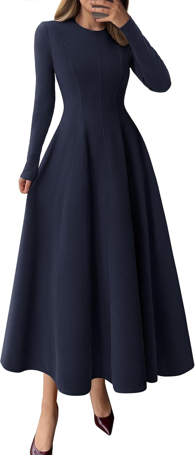 Elegant Classy Fall Long Sleeve Midi A Line Flowy Dress