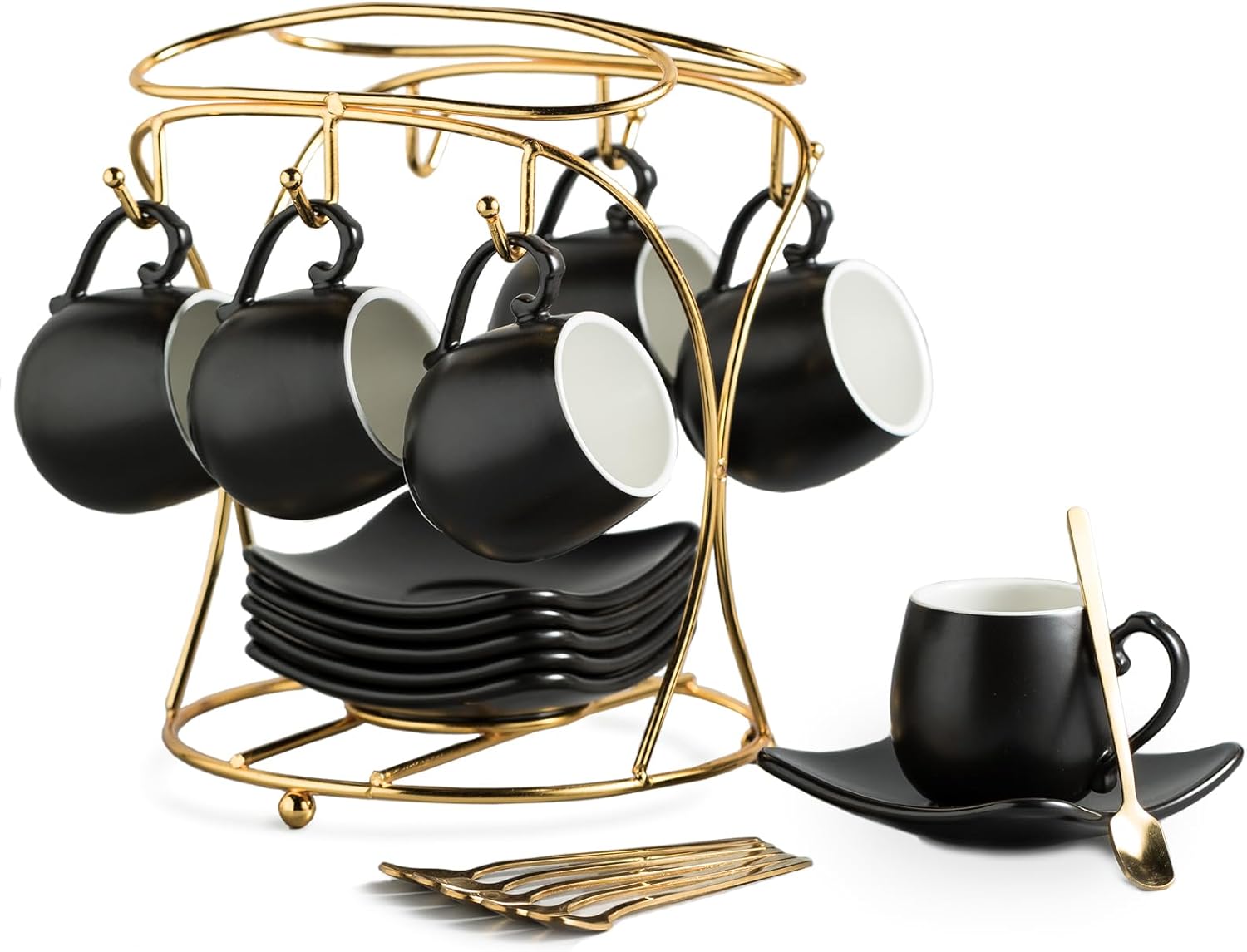 Elegant 3 Ounce Espresso Cups Set with Saucers and Stand