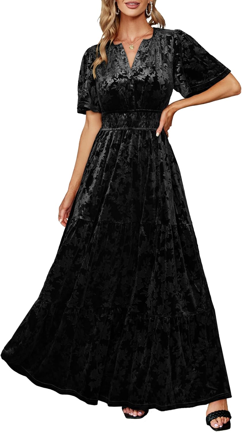 Elegant Amegoya Women's Velvet V Neck Maxi Dress for Parties