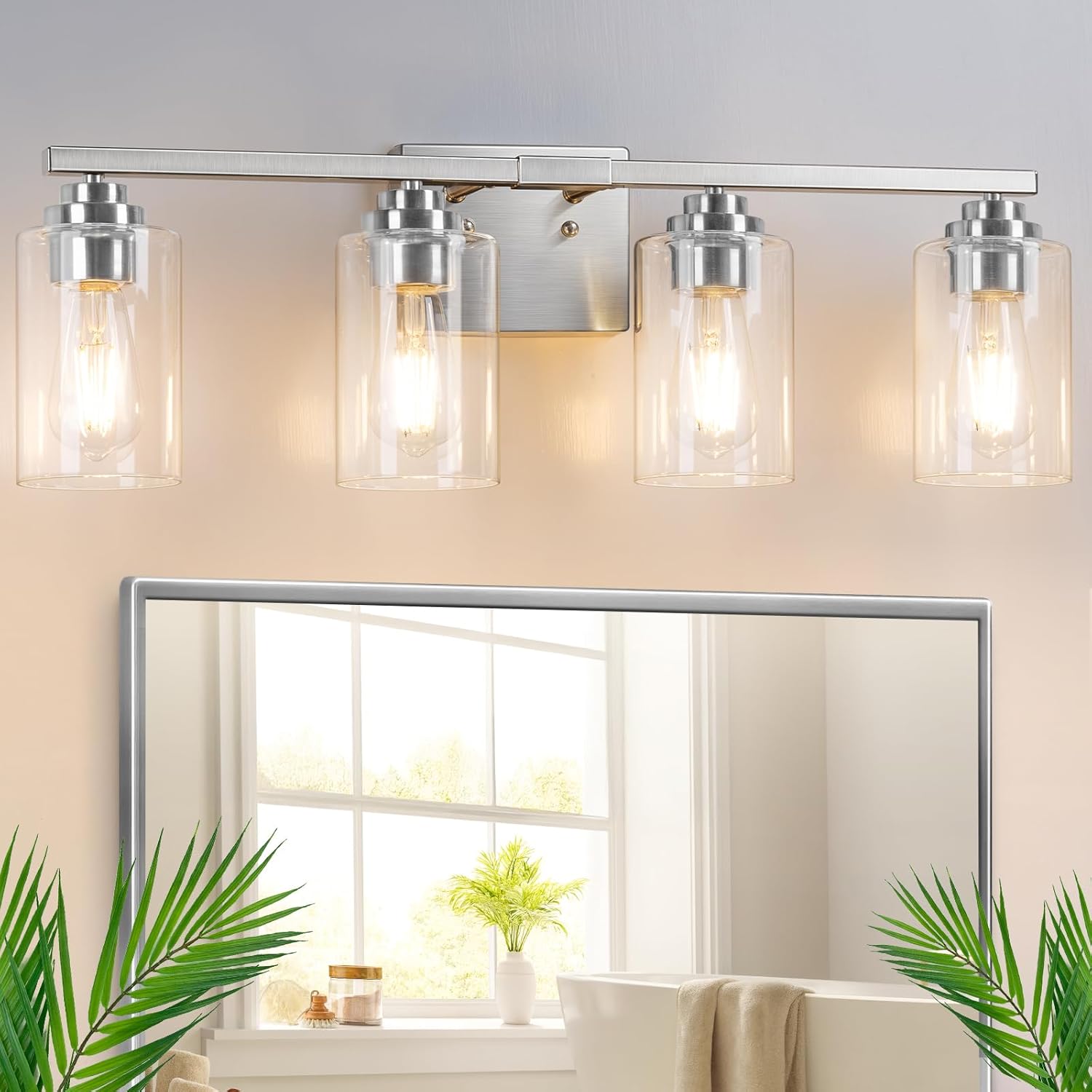 4-Light Bathroom Light Fixtures with Clear Glass Shades for Elegance