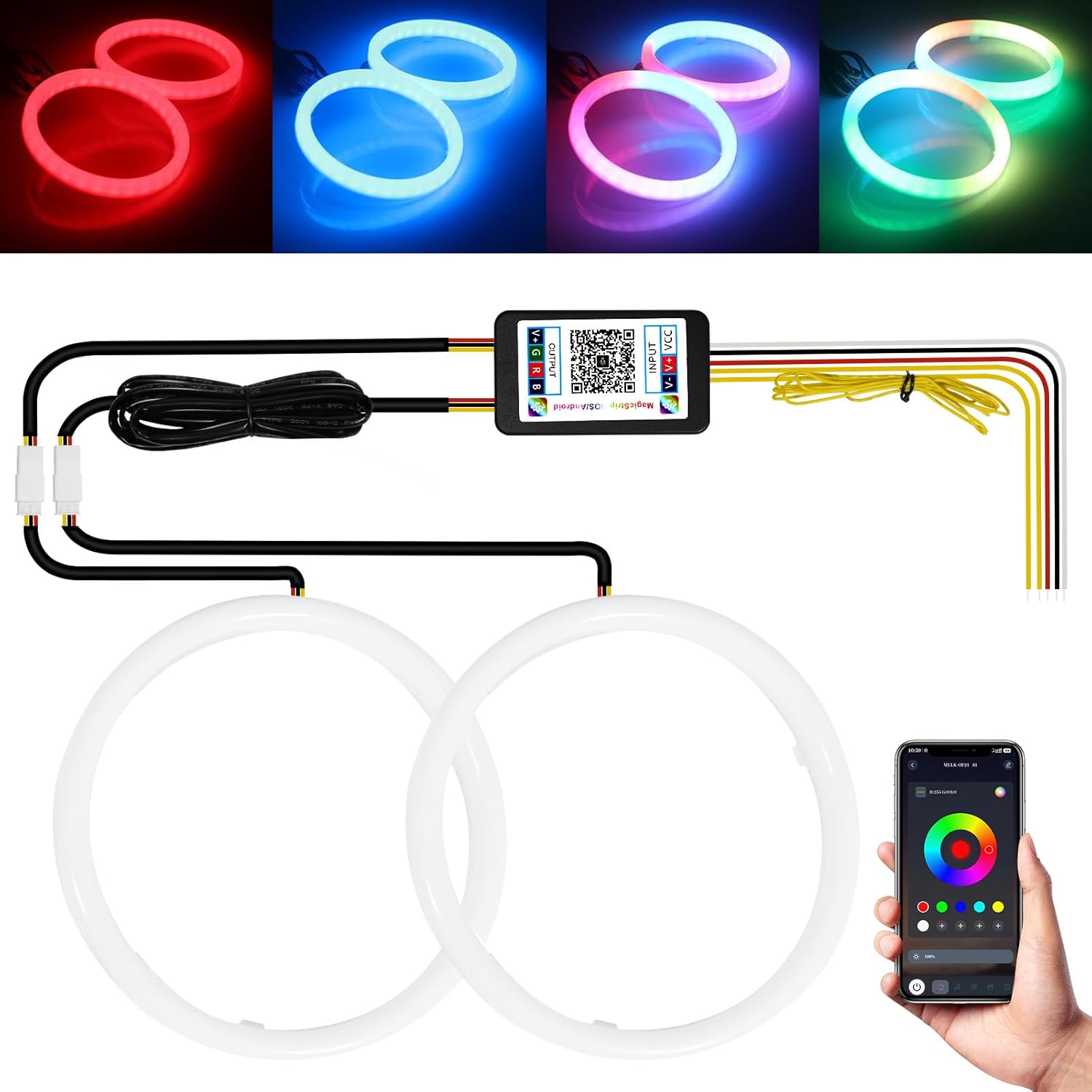 Qasim Angel Eyes Halo Rings RGB LED Lights for Cars & Motorcycles