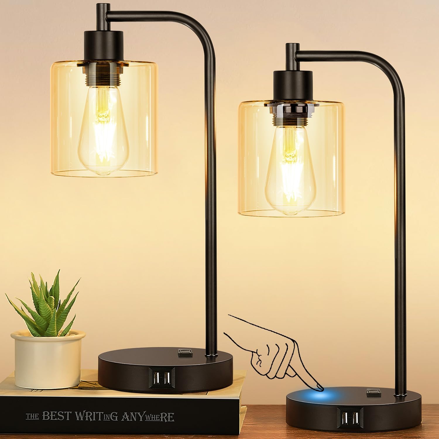 Industrial Touch Control Table Lamps with USB Ports and AC Outlet