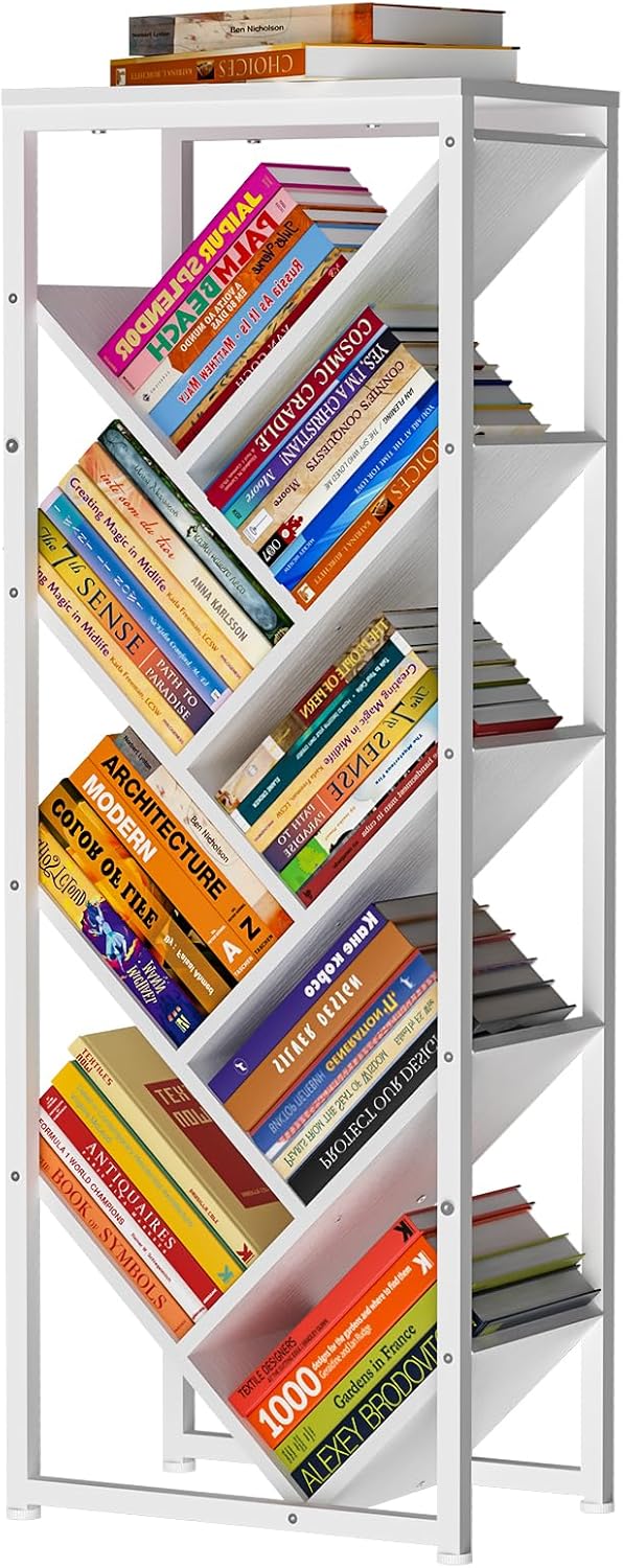 9 Tier Tree Bookshelf - Modern White Book Storage Organizer