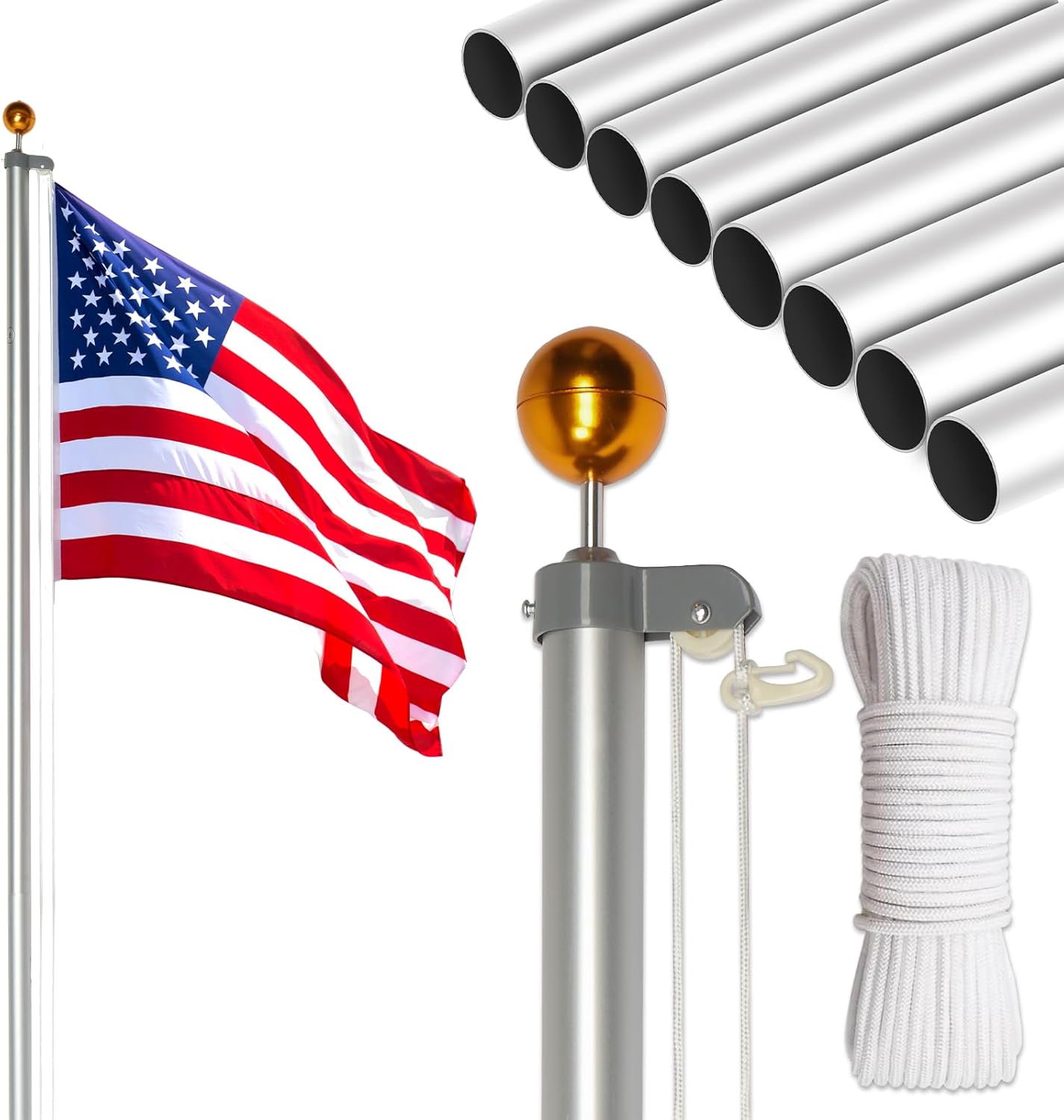 30FT Sectional Outdoor Flag Pole with USA Flag and Accessories