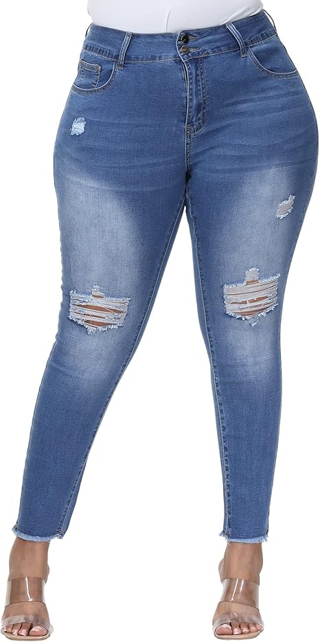 ALLEGRACE Plus Size High Waisted Stretch Ripped Skinny Jeans