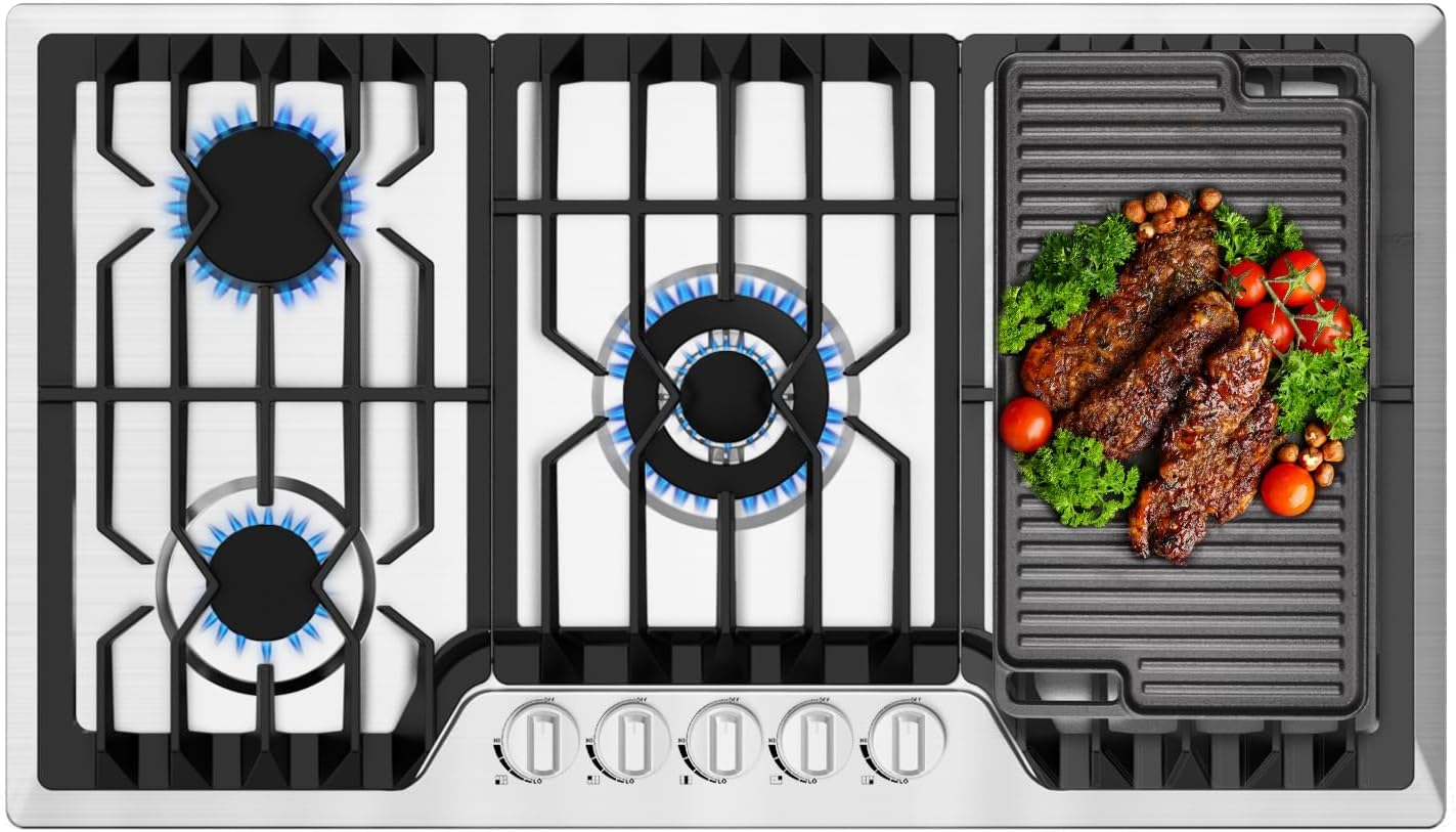 36 Inch Built-in Gas Cooktop with Griddle and 5 Burners